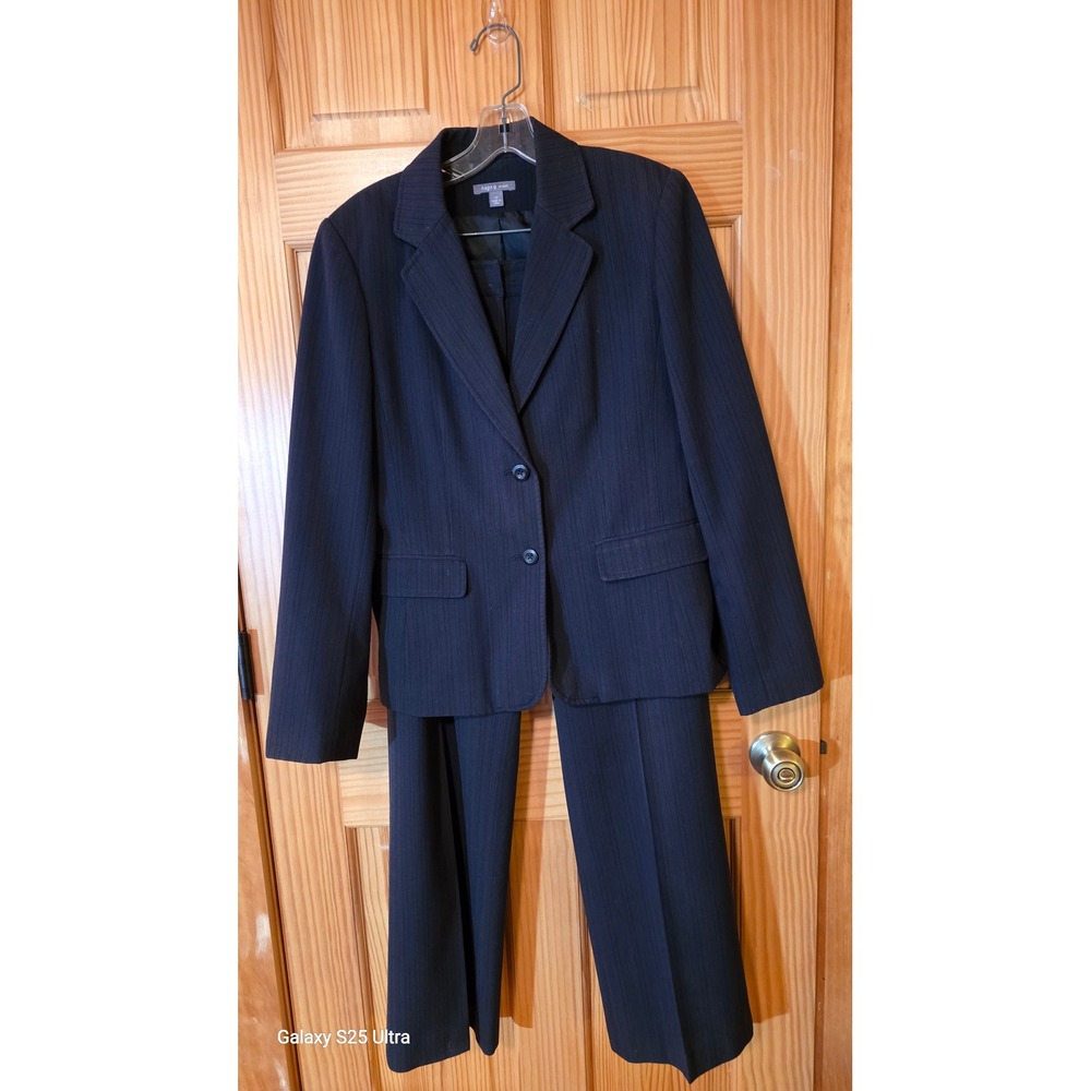 Apt 9 Womens Navy Blue Pinstripe Stretch 2 Piece Pant Suit Set Size 12